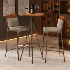 Mesa Bistro 1575 Com 2 Banquetas 1753 Redonda Em Aco E Tampo Madeirado