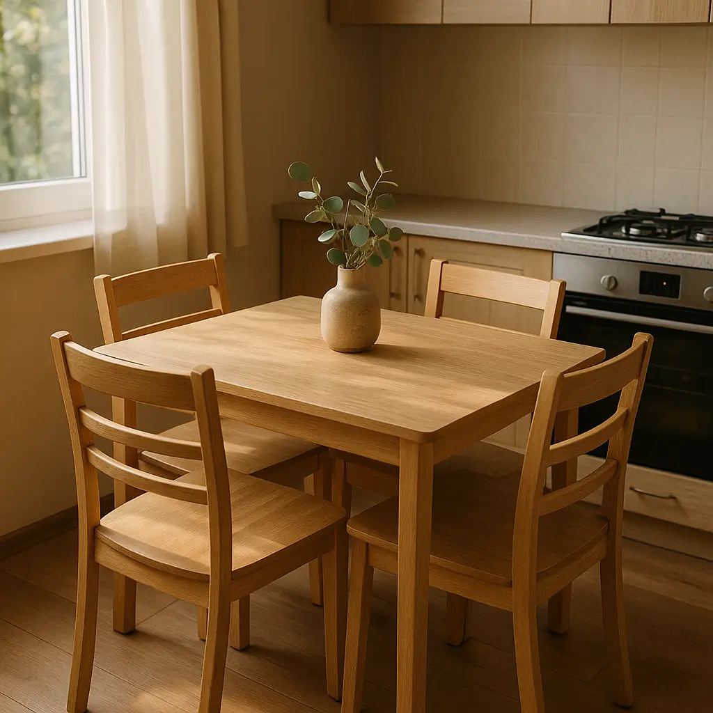 Mesa de jantar para cozinha pequena: medidas e tabela, mesa quadrada de madeira com 4 cadeiras e vaso, cozinha compacta com forno embutido