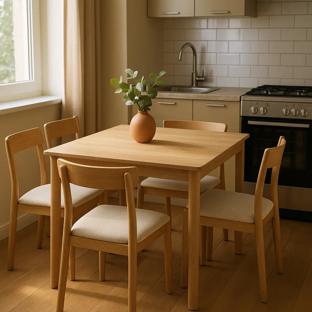 Mesa de jantar para cozinha pequena: medidas e tabela, mesa quadrada de madeira com 4 cadeiras, vaso de cerâmica, cozinha compacta com pia e fogão