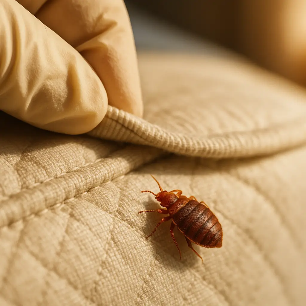 Percevejo no colchão: como identificar e eliminar, mão com luva levantando costura do colchão e percevejo marrom