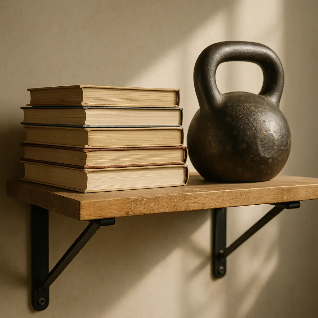 Prateleira quanto peso aguenta: tabela e limites, prateleira com livros e kettlebell de ferro em suportes metálicos