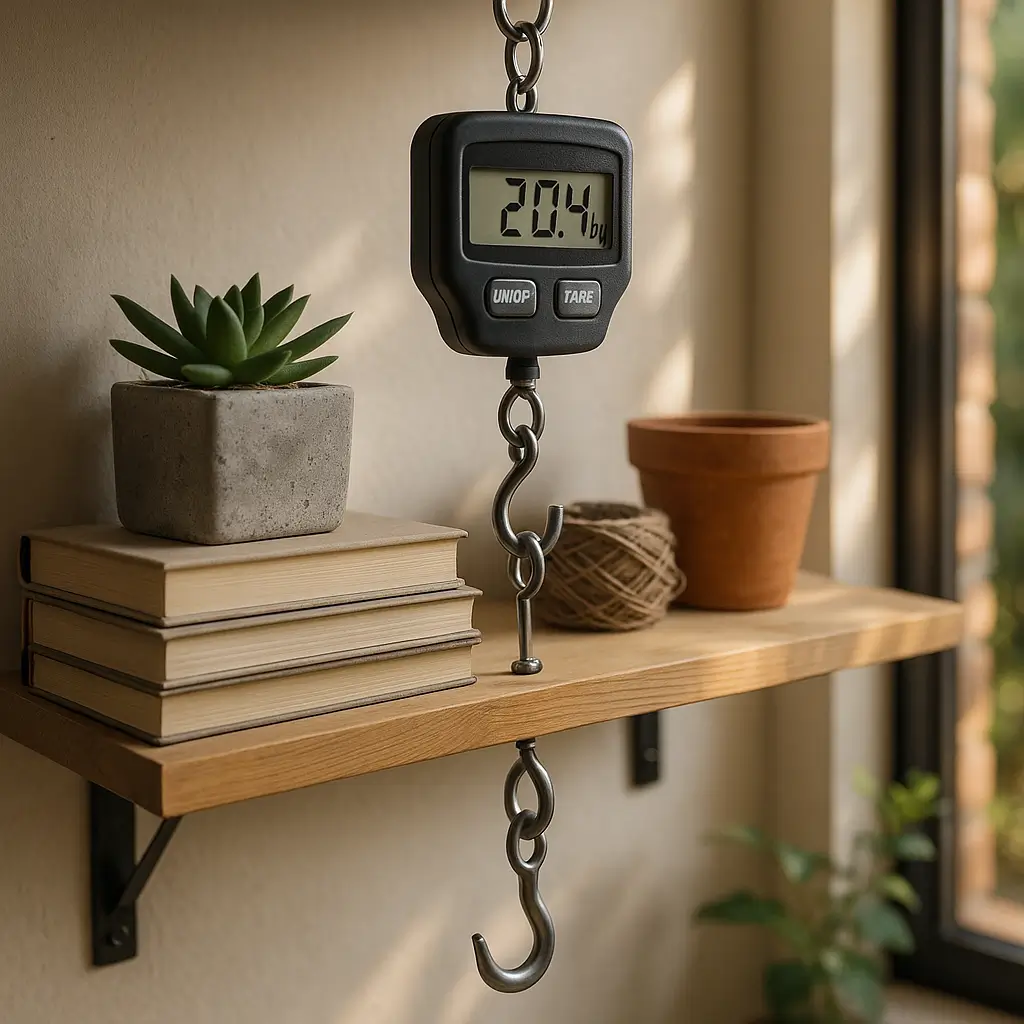 Prateleira quanto peso aguenta: tabela e limites, prateleira de madeira com balança digital pendurada, livros e vaso