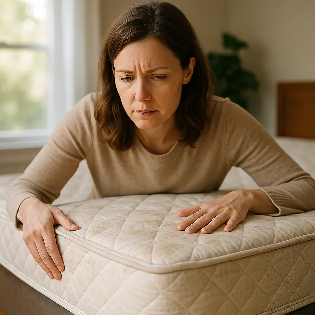Quando trocar o colchão: 7 sinais e teste rápido; mulher examinando colchão com as mãos