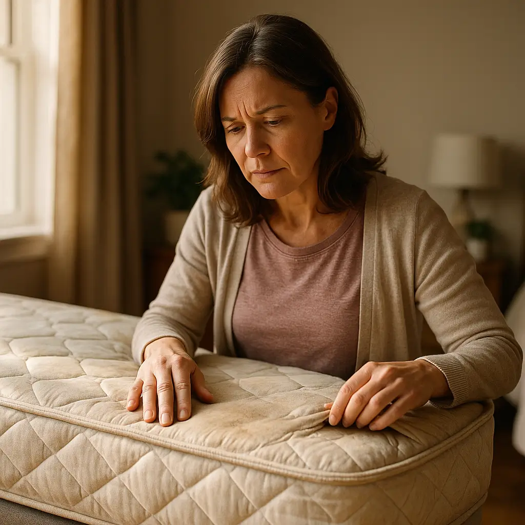 Quando trocar o colchão: 7 sinais e teste rápido; mulher observando mancha e rasgo no colchão
