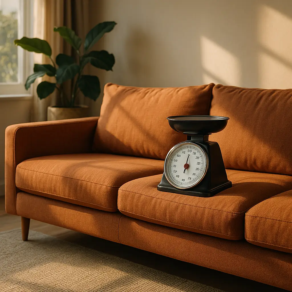 Quantos kg aguenta um sofá: tabela por modelo, balança analógica sobre sofá laranja