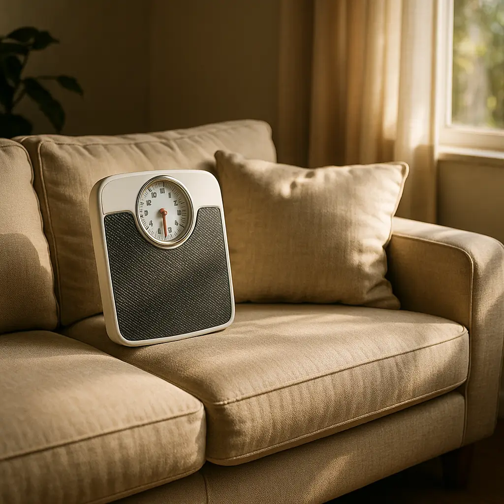 Quantos kg aguenta um sofá: tabela por modelo, balança de banheiro sobre sofá bege