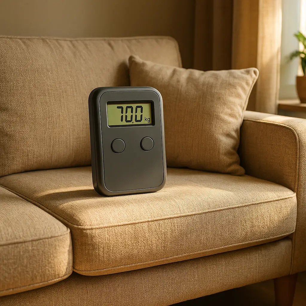 Quantos kg aguenta um sofá: tabela por modelo, balança digital 70 kg sobre sofá bege