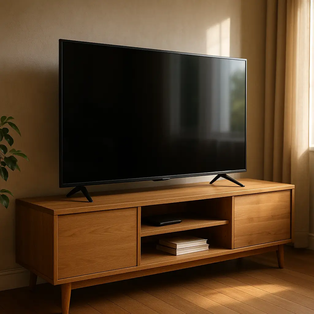 Rack por tamanho da TV: medidas e peso suportado, TV grande sobre rack de madeira com portas laterais e nichos centrais