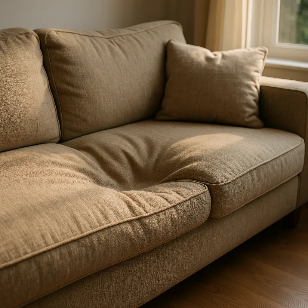 Sofá afundado: como recuperar a espuma em casa, assento bege afundado com almofada e luz da janela