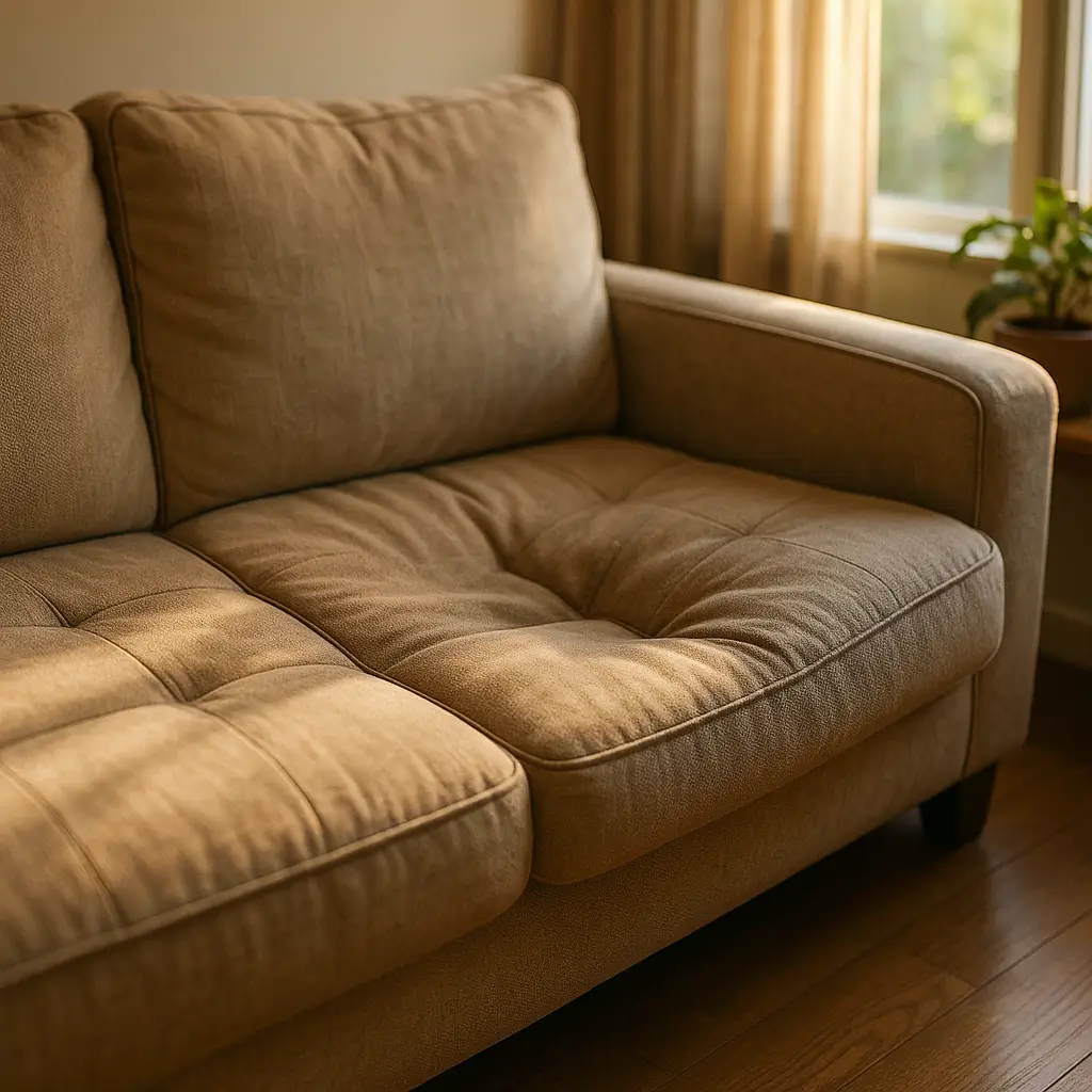 Sofá afundado: como recuperar a espuma em casa, assento bege afundado com costuras e luz da janela