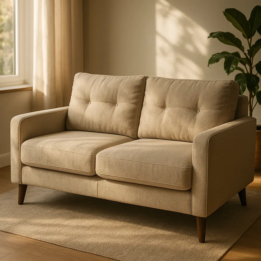 Sofá bom e barato até 1000: como escolher em 2025, sofá bege 2 lugares com botões e pés de madeira em sala iluminada