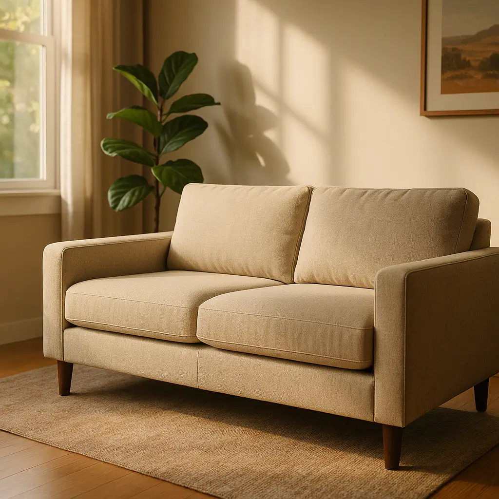 Sofá bom e barato até 1000: como escolher em 2025, sofá bege 2 lugares com pés de madeira em sala com planta