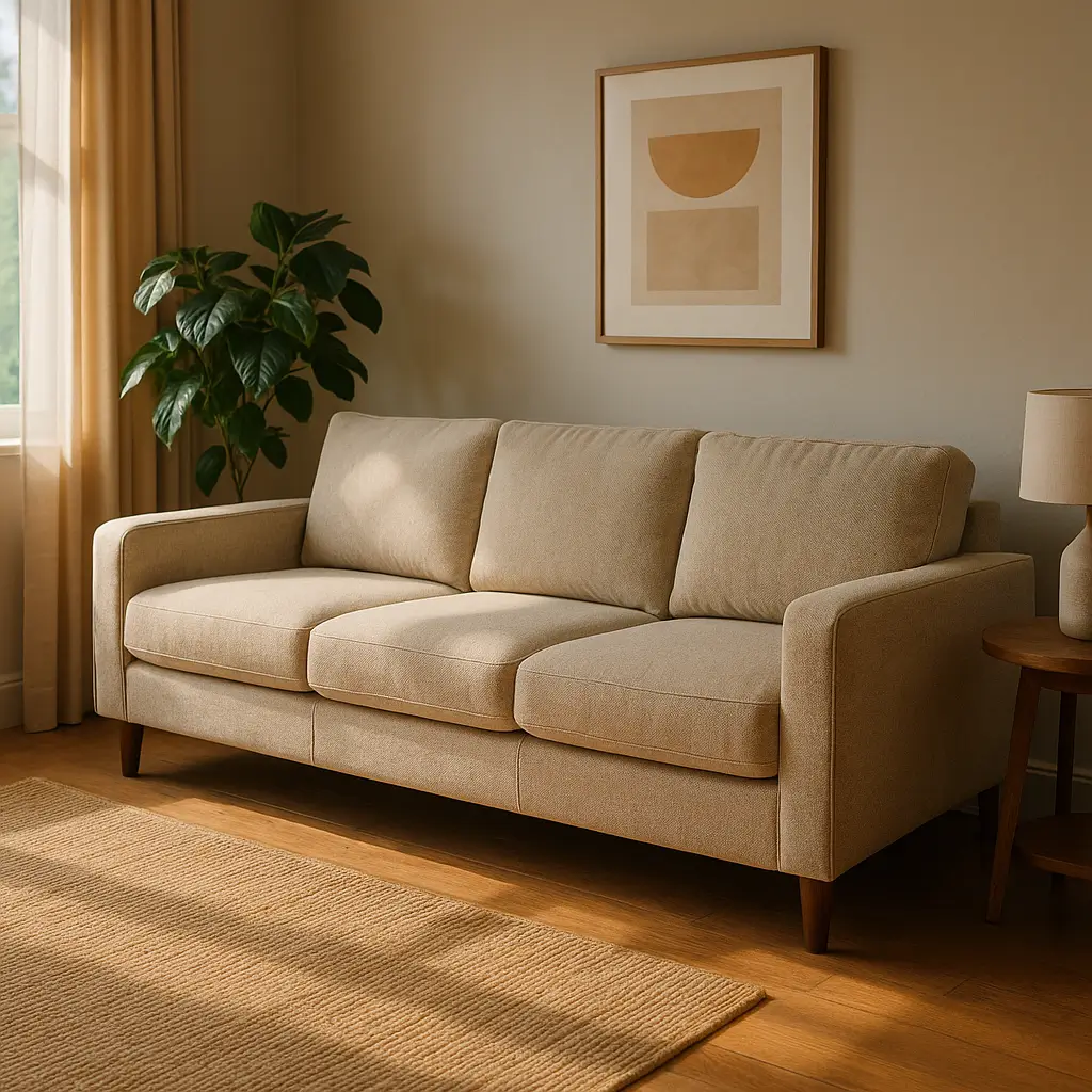 Sofá bom e barato até 1000: como escolher em 2025, sofá bege 3 lugares com pés de madeira, planta e quadro na sala