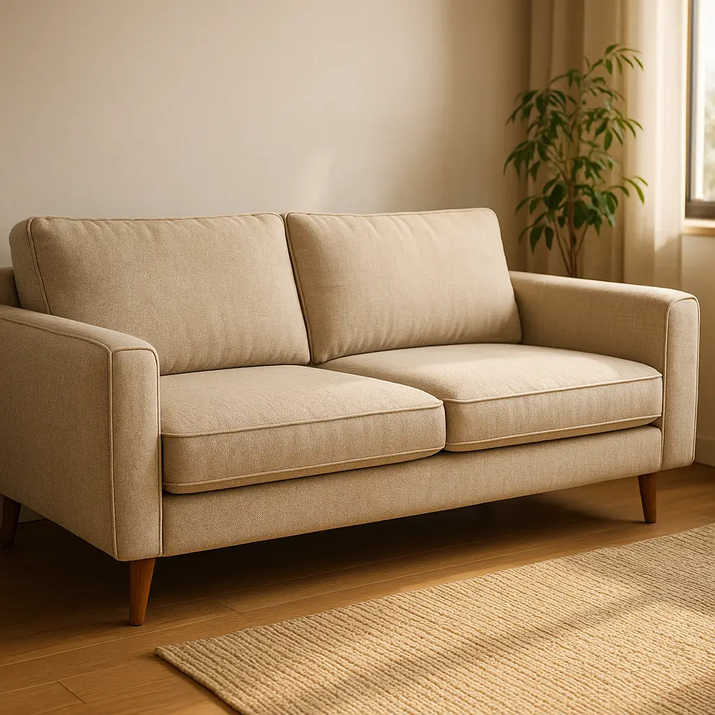 Sofá bom e barato até R$ 2000: como escolher, sofá bege 2 lugares com pés de madeira, tapete e planta ao fundo