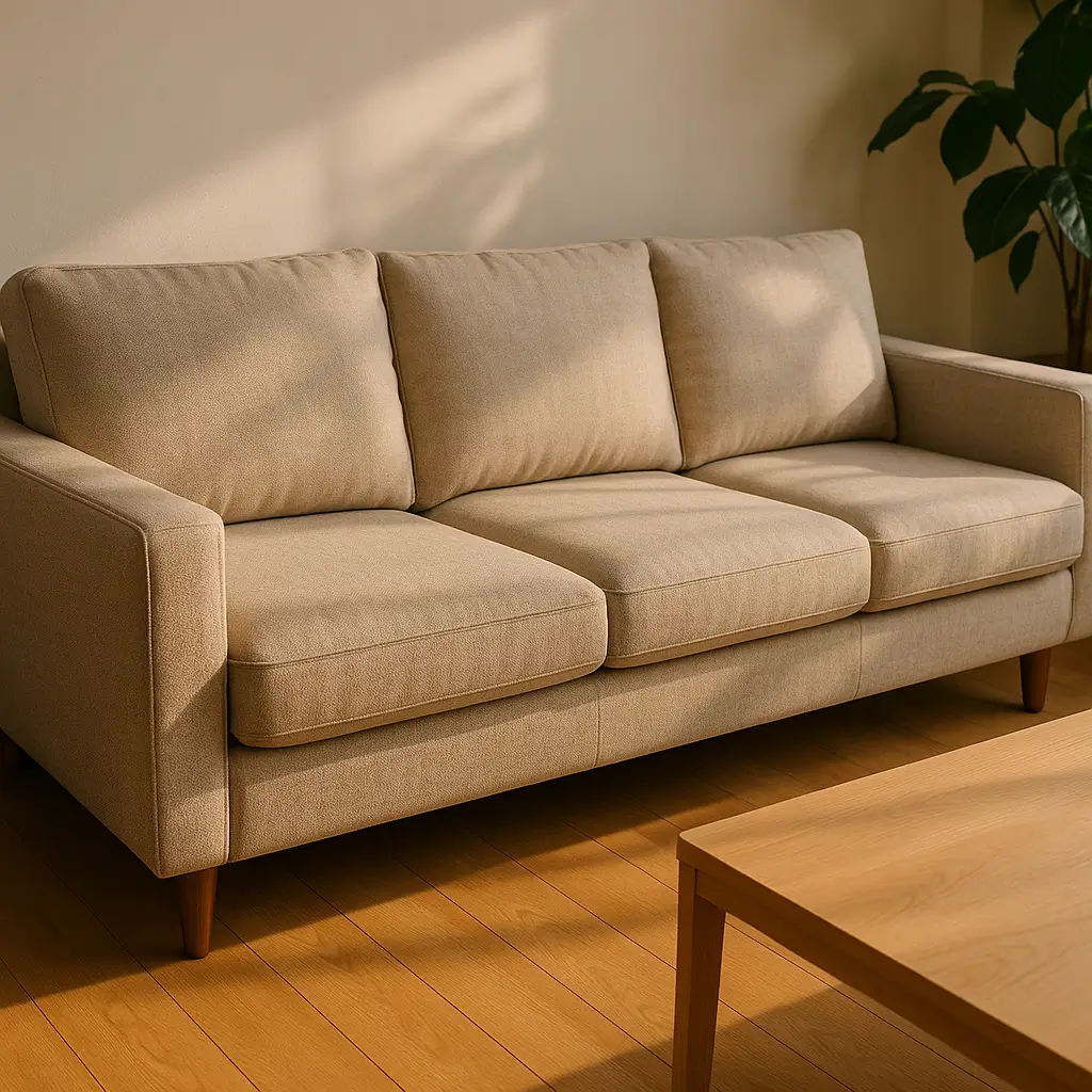 Sofá bom e barato até R$ 2000: como escolher, sofá bege 3 lugares com pés de madeira, mesa de centro e planta ao fundo