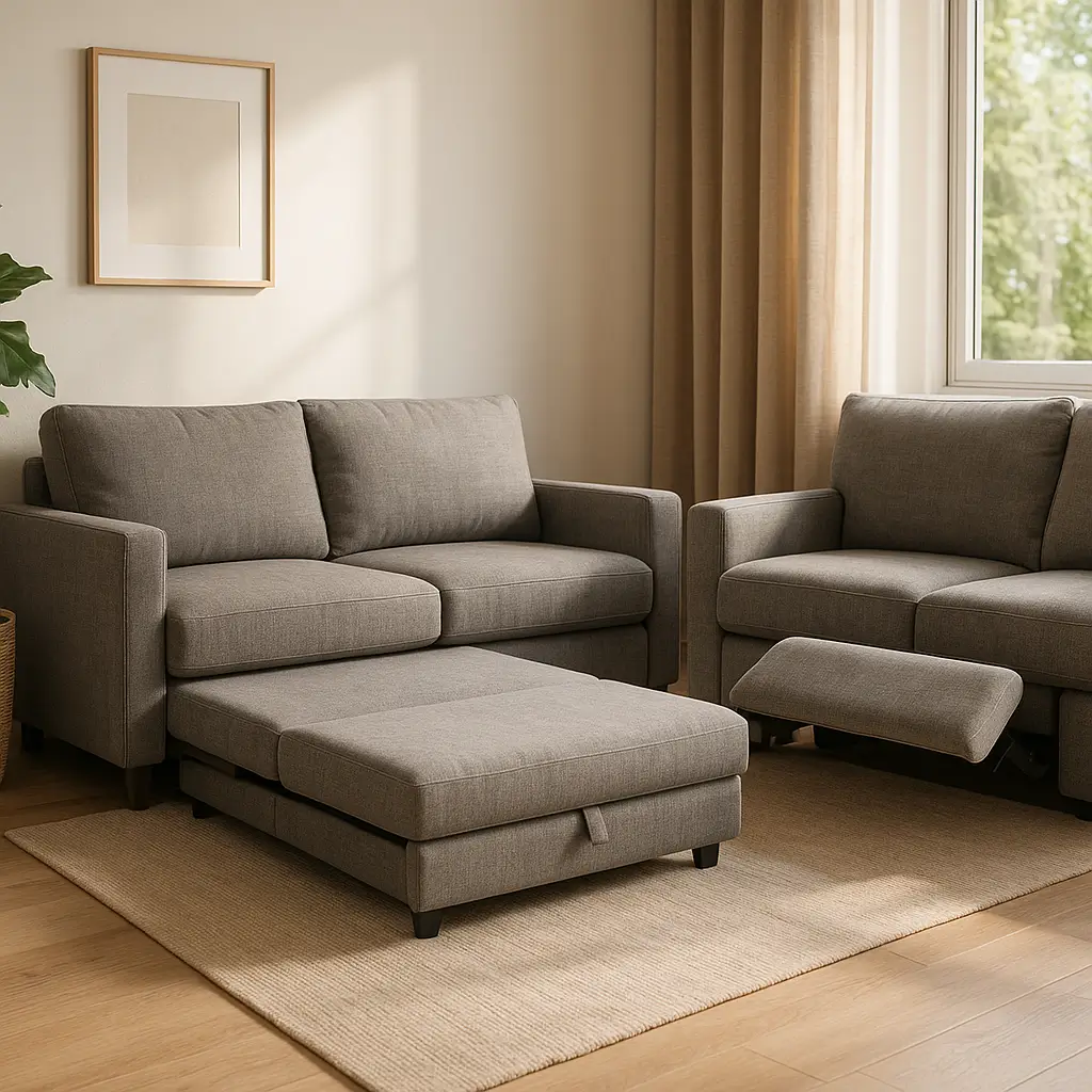 Sofá-cama ou retrátil: qual é melhor para sala pequena? Sala pequena com sofá cinza retrátil aberto e módulo que vira cama