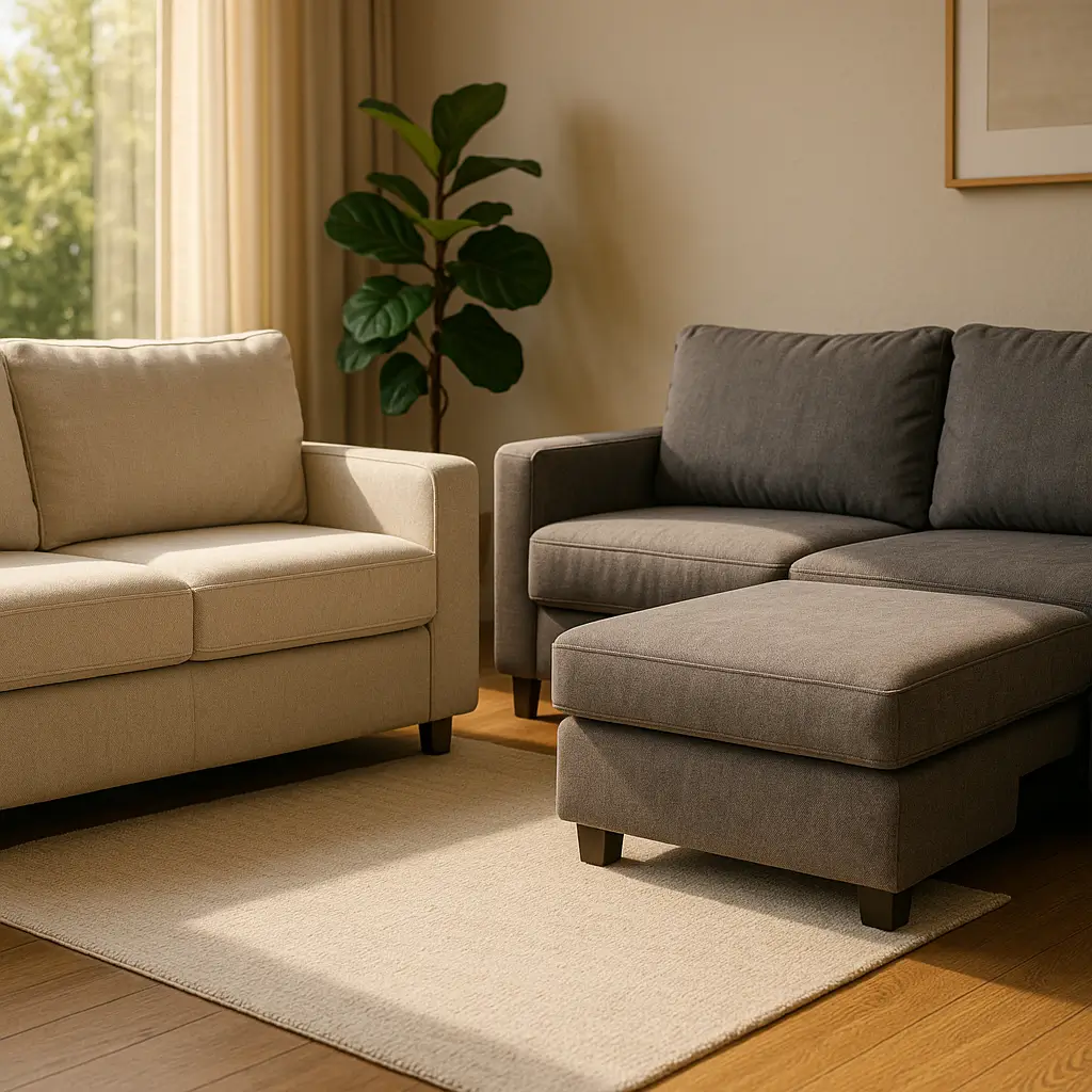 Sofá-cama ou retrátil: qual é melhor para sala pequena? Sofá bege e sofá cinza com chaise sobre tapete claro