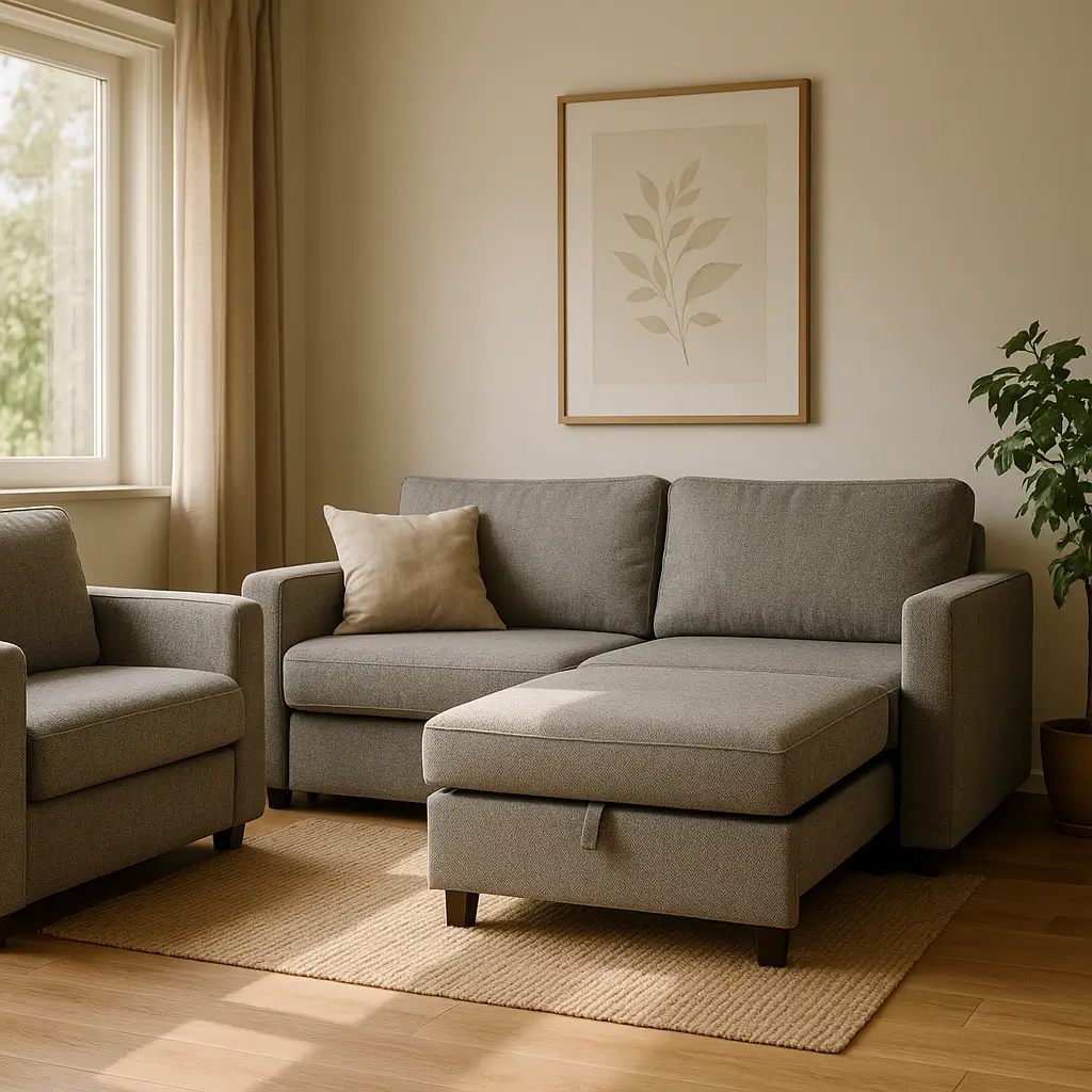 Sofá-cama ou retrátil: qual é melhor para sala pequena? Sofá cinza com chaise retrátil, poltrona e tapete claro