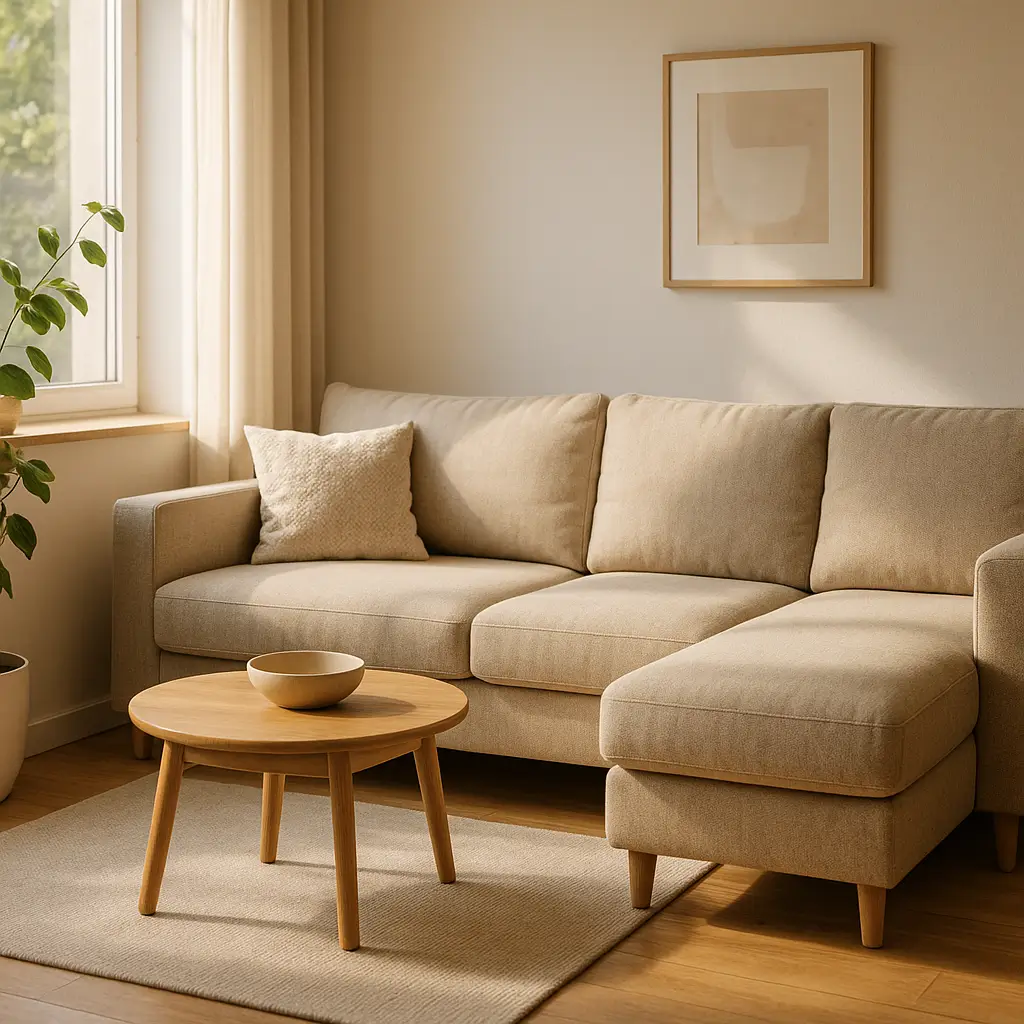 Sofá de canto para sala pequena: medidas certas, sofá bege com chaise e mesa de madeira sobre tapete