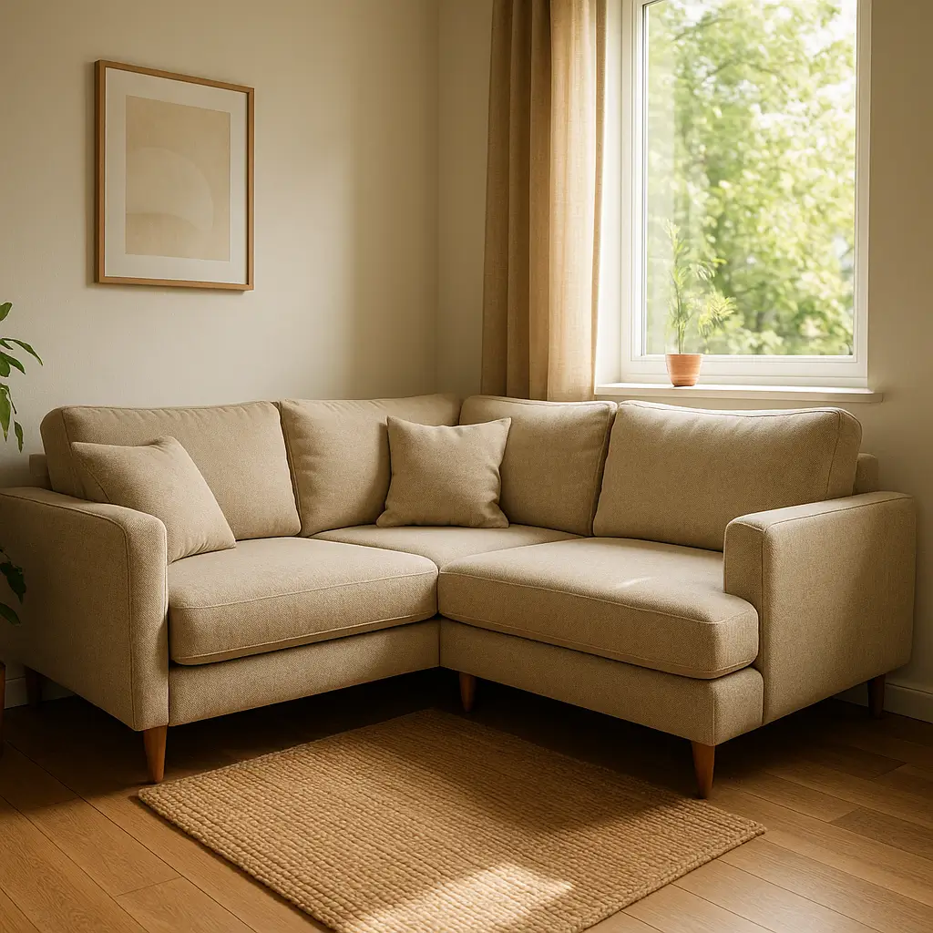Sofá de canto para sala pequena: medidas certas, sofá bege em L com almofadas, janela com planta e tapete de fibra