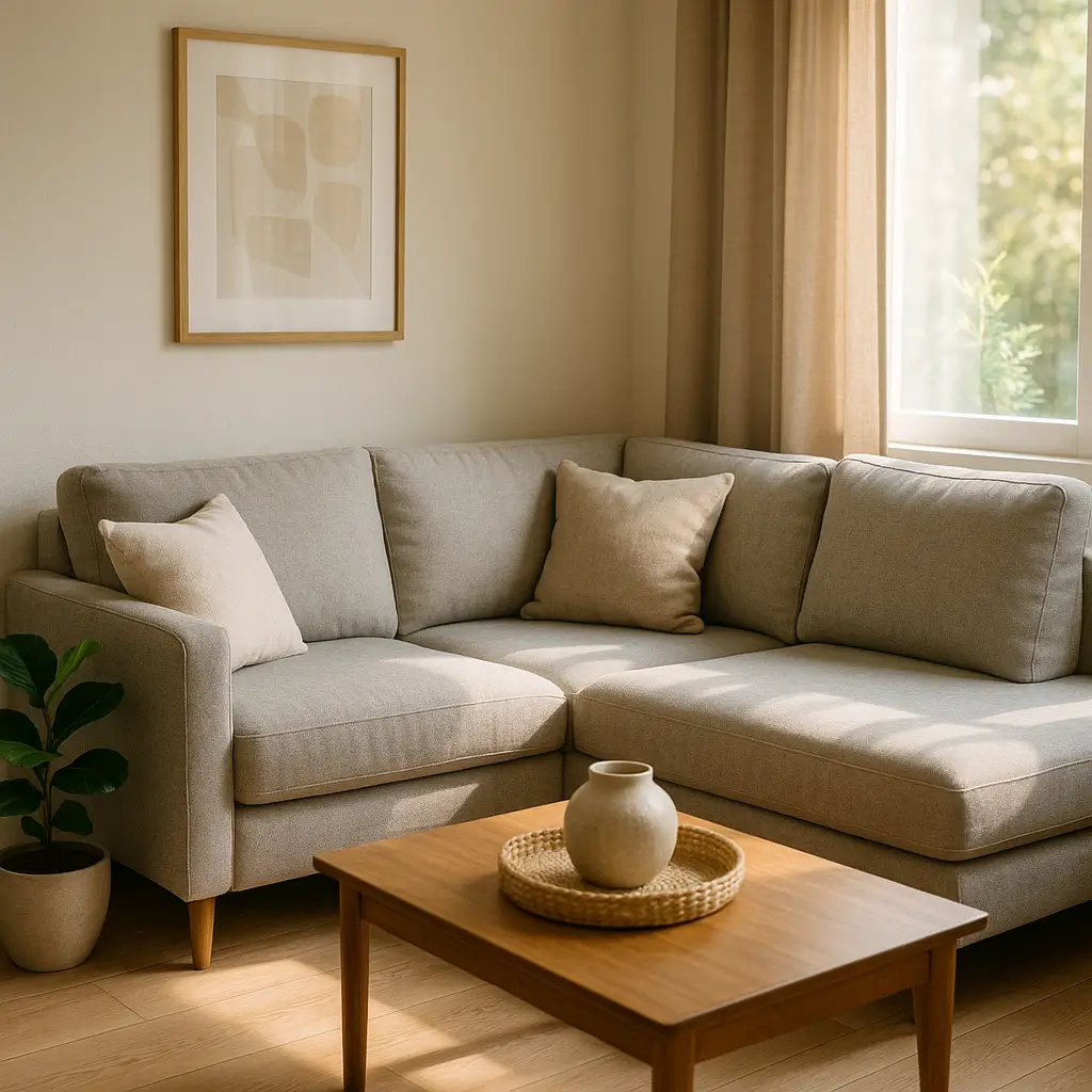 Sofá de canto para sala pequena: medidas certas, sofá cinza em L com almofadas, mesa de madeira com vaso