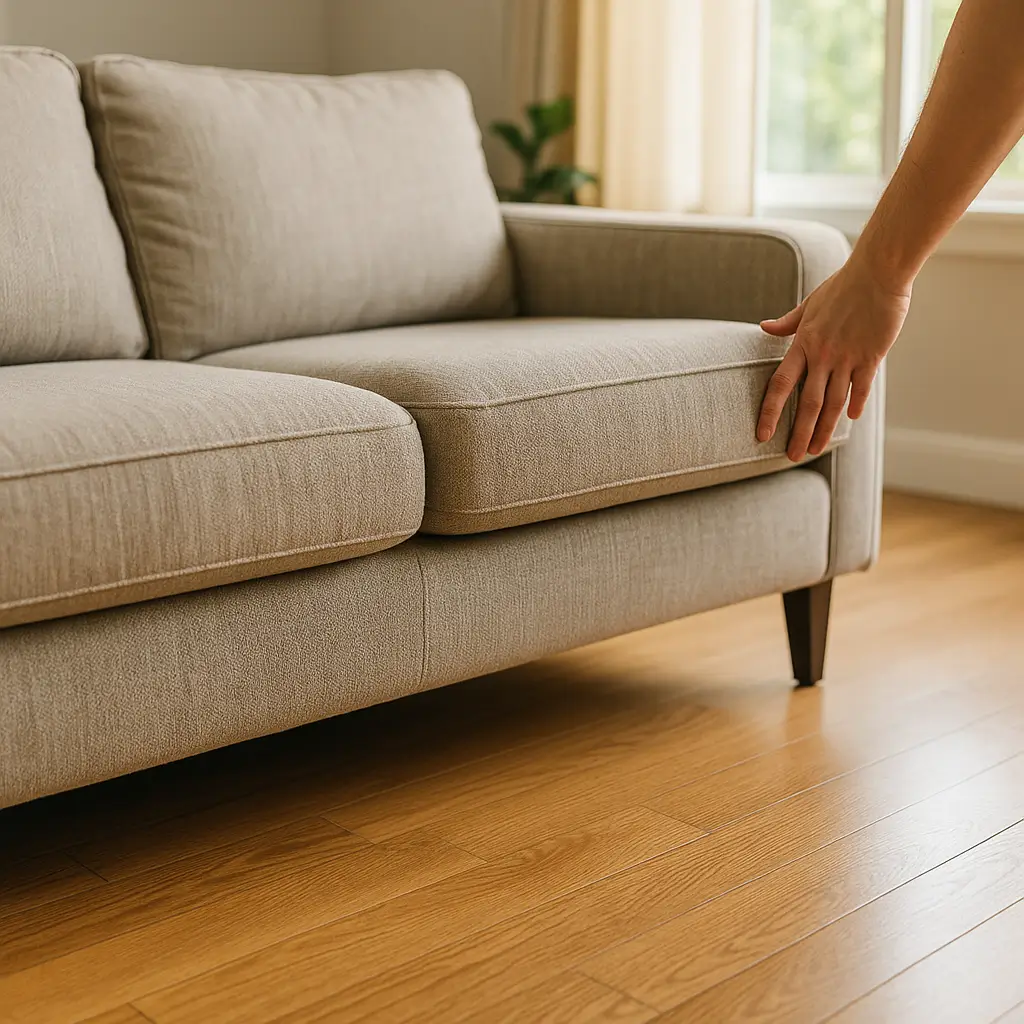 Sofá escorregando no piso: como resolver barato, mão ajustando sofá bege em piso de madeira