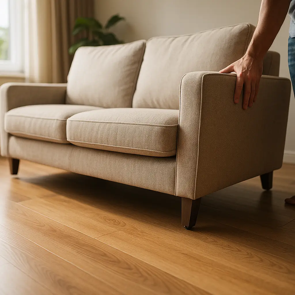 Sofá escorregando no piso: como resolver barato, mão segurando sofá bege em piso de madeira