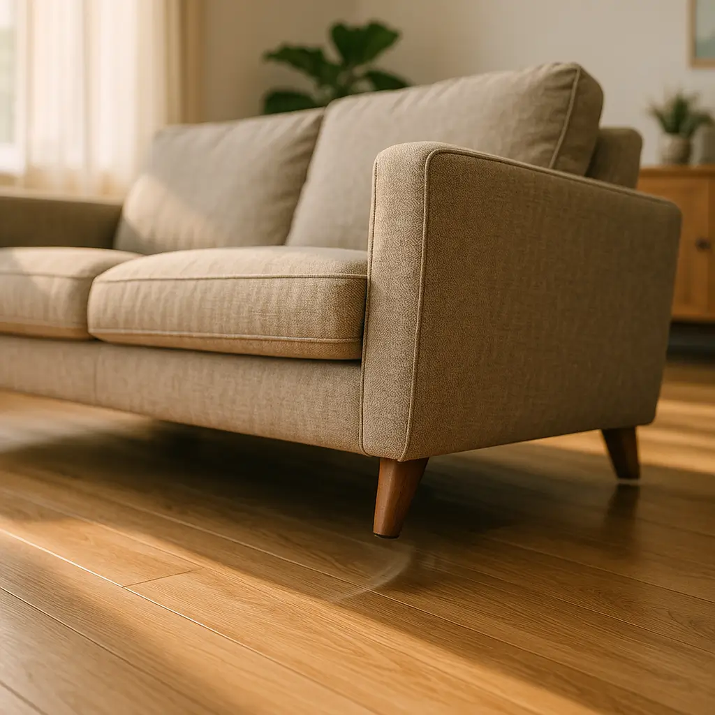 Sofá escorregando no piso: como resolver barato, sofá bege em piso de madeira