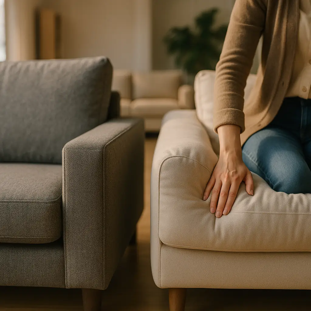 Sofá firme ou macio: qual dura mais e como testar na loja; mão pressionando assento de sofá bege ao lado de sofá cinza