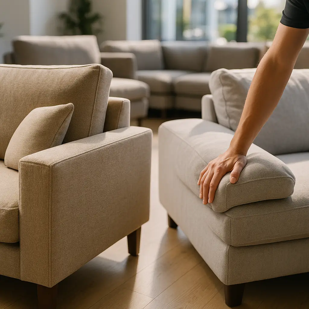 Sofá firme ou macio: qual dura mais e como testar na loja; mão pressionando braço almofadado de sofá em loja, comparando firmeza