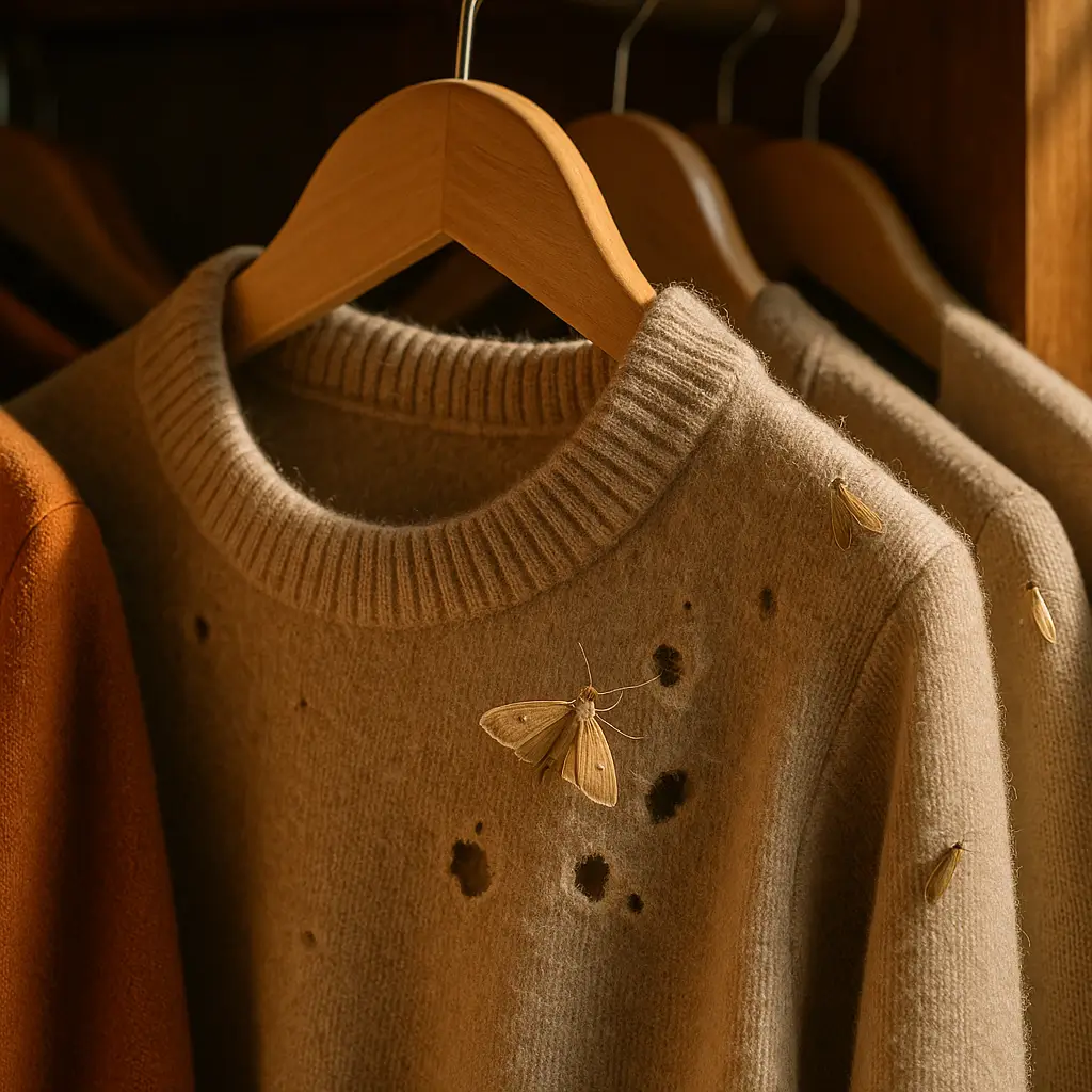 Traças no guarda-roupa: como acabar e evitar, suéter de lã furado no cabide com traças