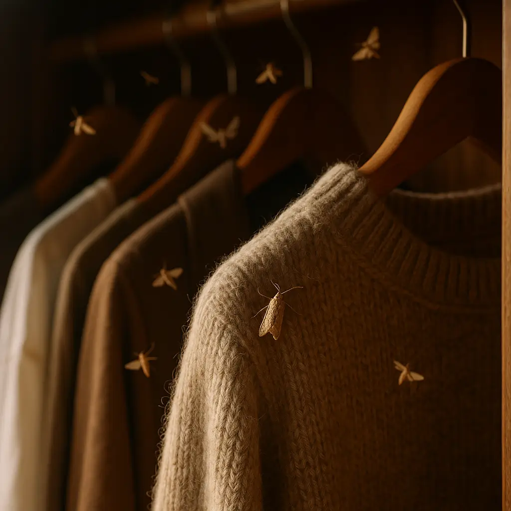Traças no guarda-roupa: como acabar e evitar, suéter de lã no cabide com traças voando no armário