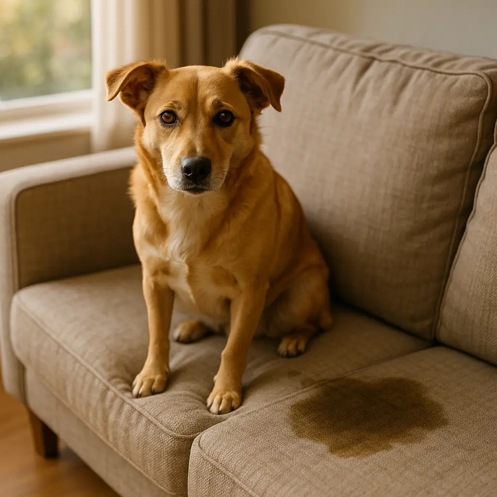 Xixi de pet no sofá: como tirar o cheiro na hora, cachorro no sofá bege ao lado de mancha de urina