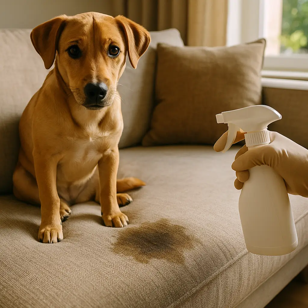 Xixi de pet no sofá: como tirar o cheiro na hora, filhote ao lado da mancha e mão aplicando spray
