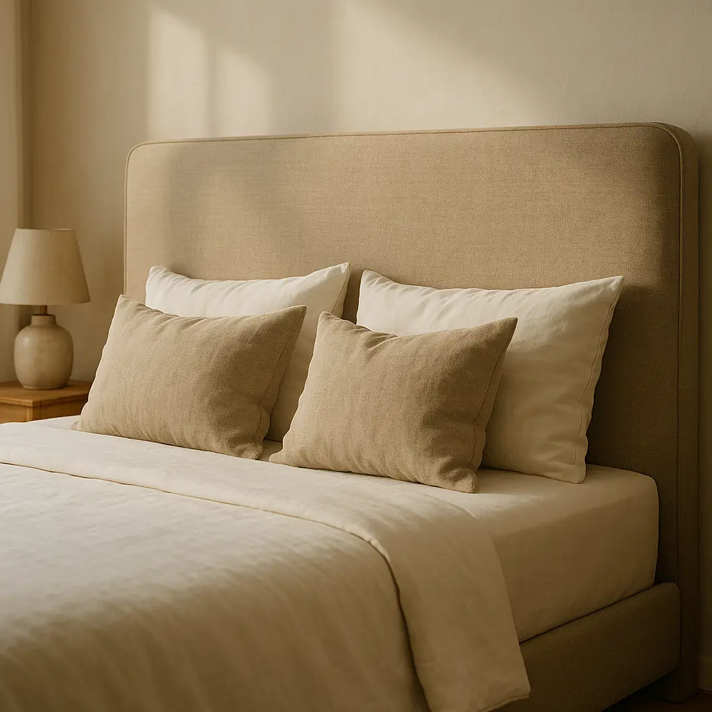 Altura da cabeceira da cama: medidas e dicas; cabeceira estofada bege alta com cantos arredondados, travesseiros e abajur