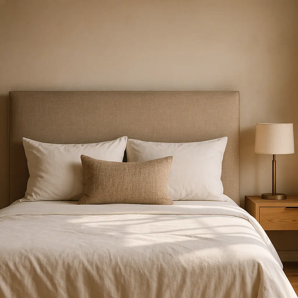 Altura da cabeceira da cama: medidas e dicas; cabeceira estofada bege, travesseiros brancos, almofada, criado de madeira com abajur
