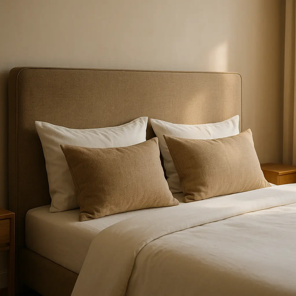 Altura da cabeceira da cama: medidas e dicas, cabeceira estofada bege, travesseiros brancos e bege, criados de madeira