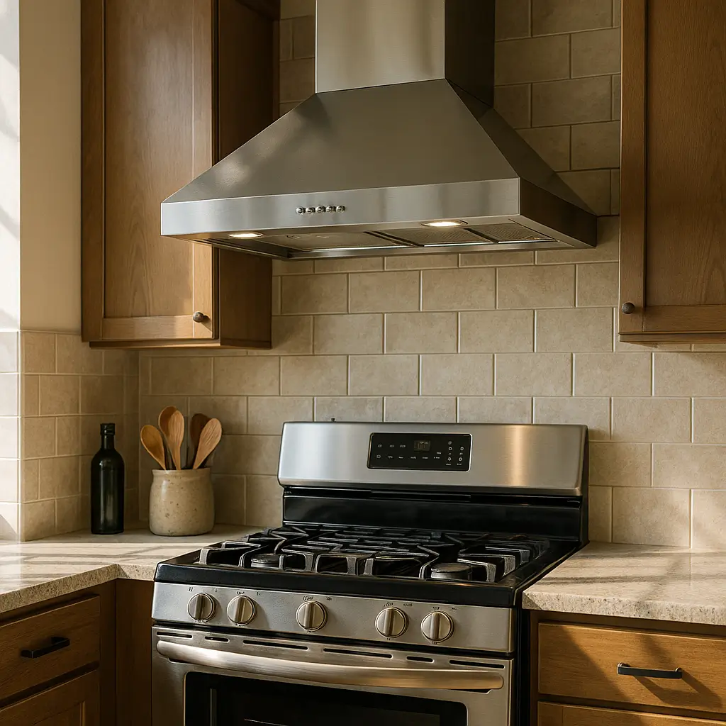 Altura da coifa sobre o fogão: tabela e medidas, coifa inox acima de fogão a gás com armários de madeira