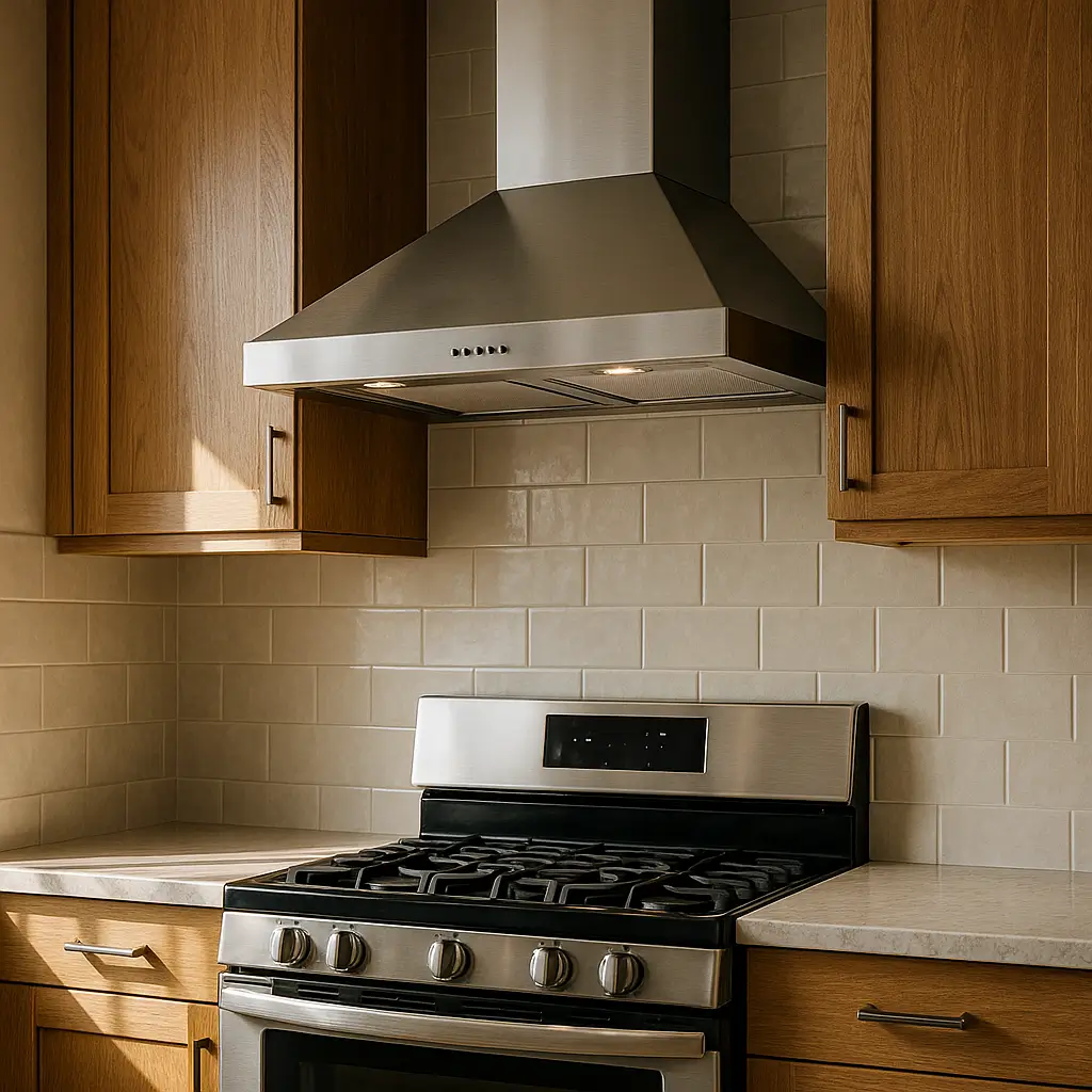 Altura da coifa sobre o fogão: tabela e medidas, coifa inox acima de fogão a gás entre armários de madeira