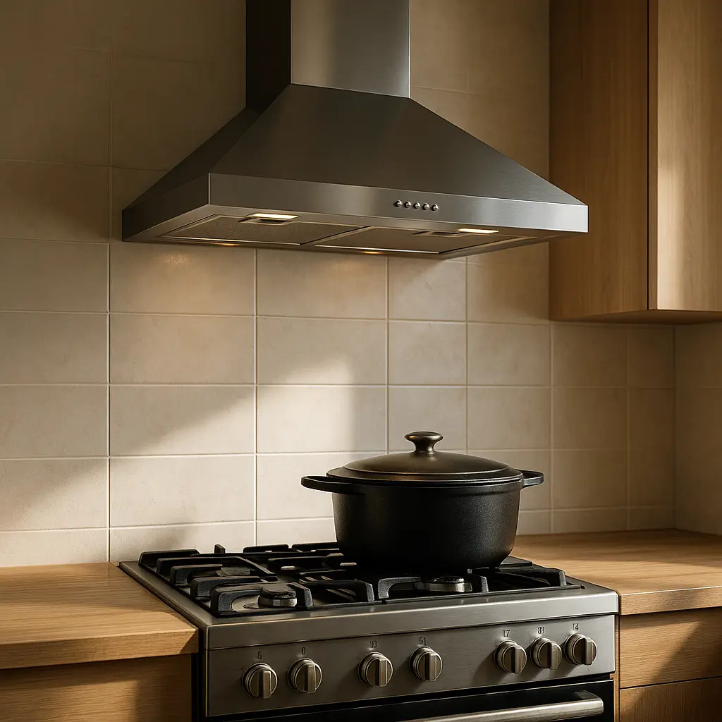 Altura da coifa sobre o fogão: tabela e medidas, coifa inox sobre fogão com panela