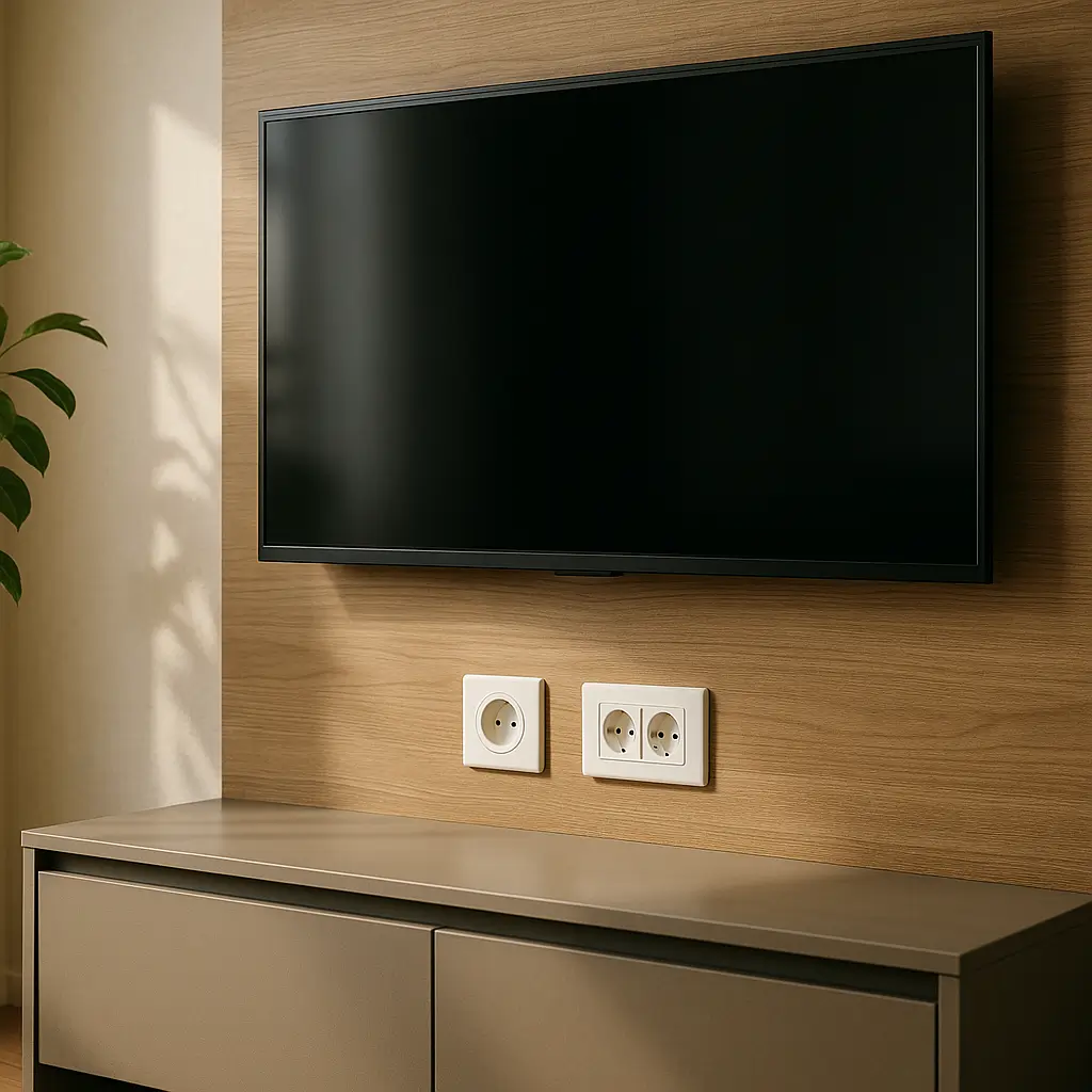 Altura das tomadas atrás do painel de TV: guia rápido, TV em painel de madeira com duas placas de tomadas abaixo
