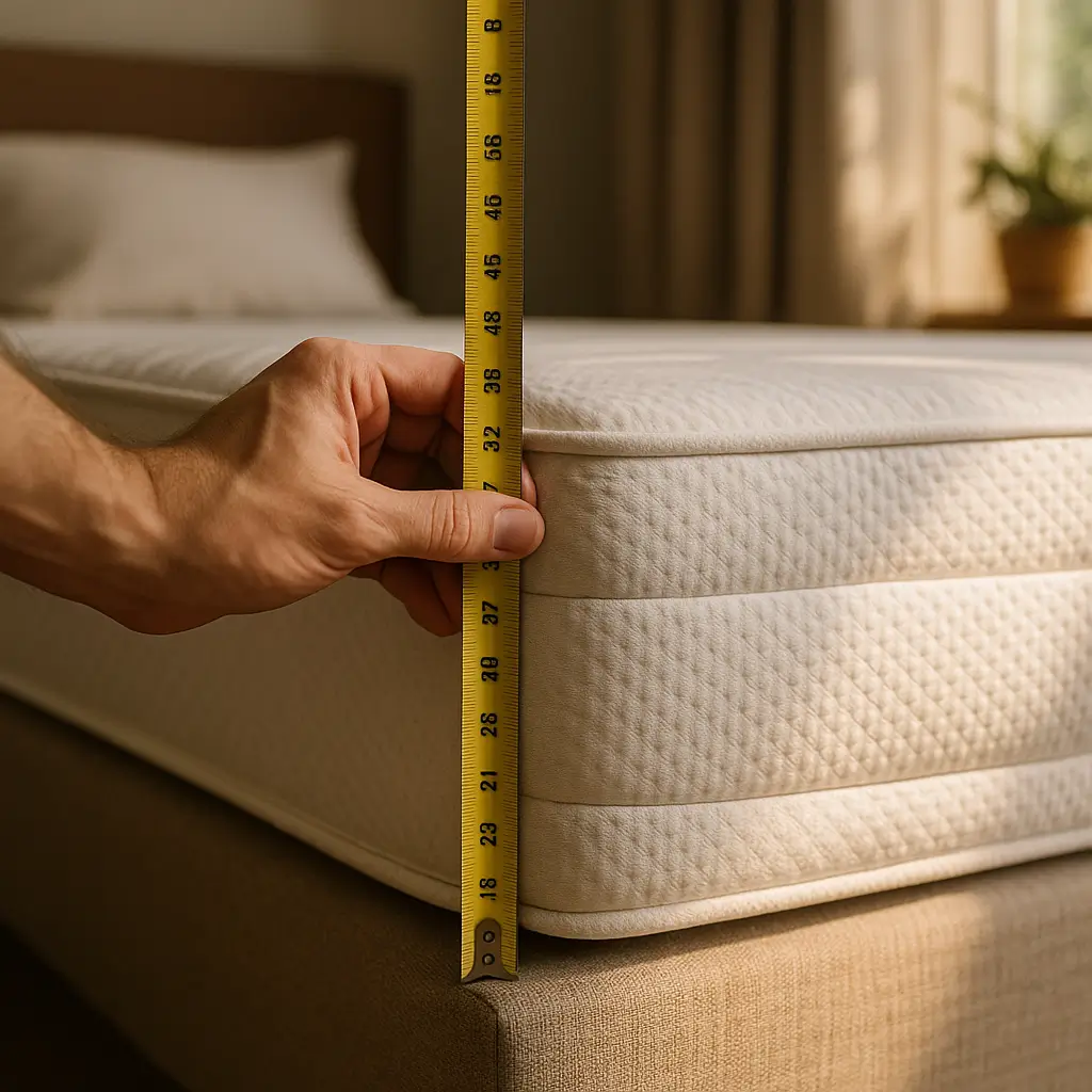 Altura do colchão: 20, 25 ou 30 cm? Guia rápido, fita métrica medindo espessura do colchão bege