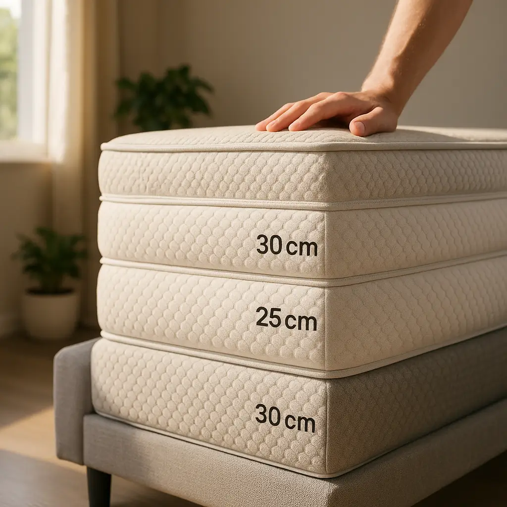 Altura do colchão: 20, 25 ou 30 cm? Guia rápido, três colchões empilhados com medidas e mão pressionando