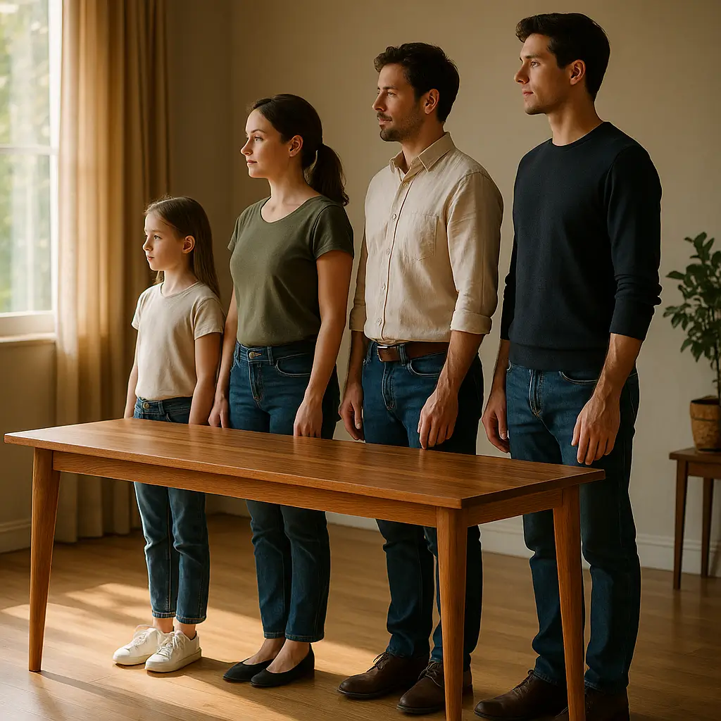 Altura ideal da mesa de jantar: tabela por estatura, quatro pessoas alinhadas junto à mesa de madeira