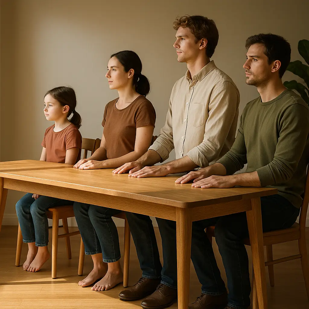 Altura ideal da mesa de jantar: tabela por estatura, quatro pessoas sentadas, mãos sobre mesa de madeira