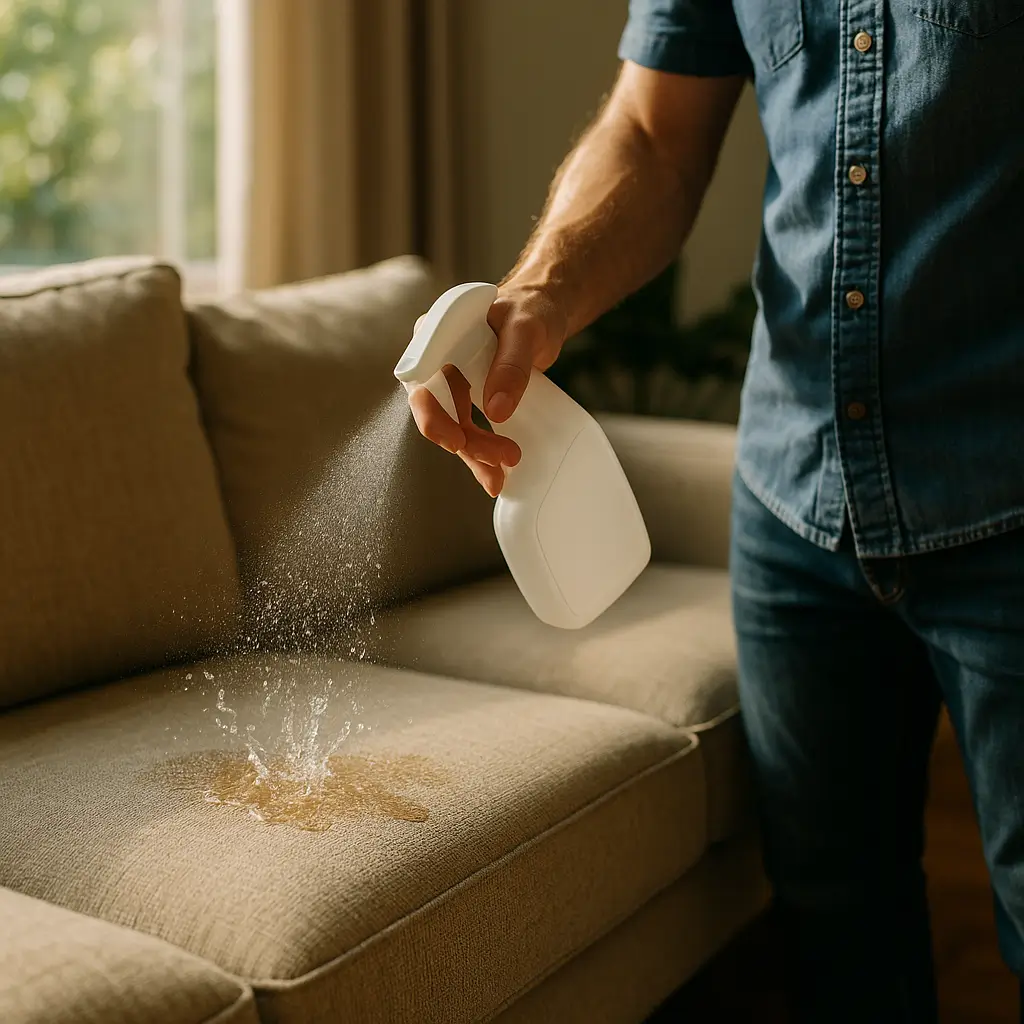 Aplicação de spray em sofá bege com líquido respingando; Impermeabilização de sofá: vale a pena e quanto custa