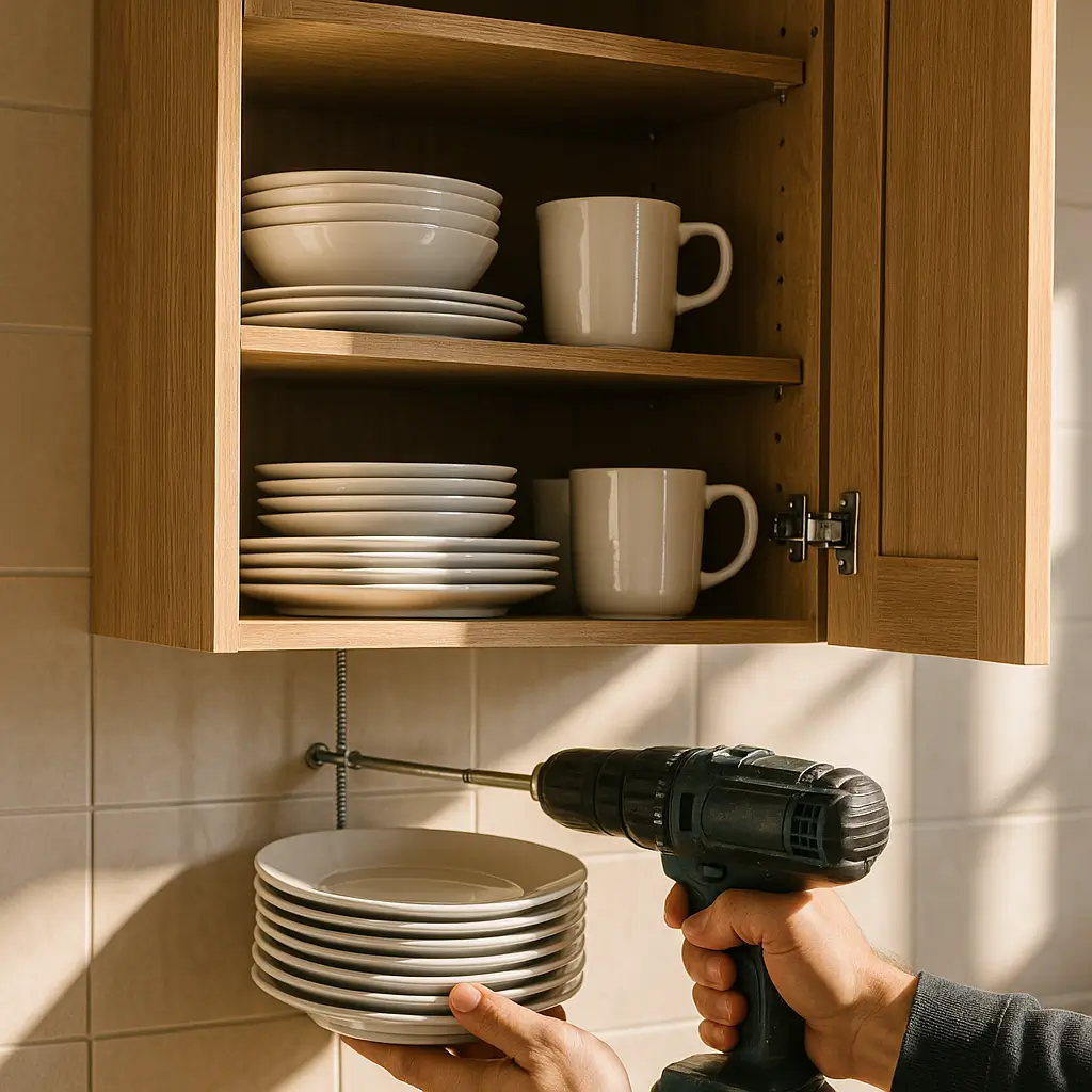 Armário aéreo quanto peso aguenta: como fixar com segurança; furadeira no parafuso do armário, mãos com pratos empilhados