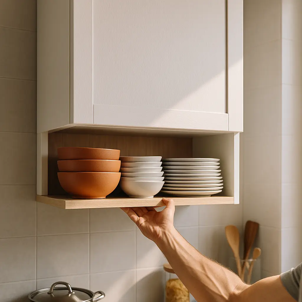 Armário aéreo quanto peso aguenta: como fixar com segurança; mão sustentando prateleira com tigelas e pratos empilhados