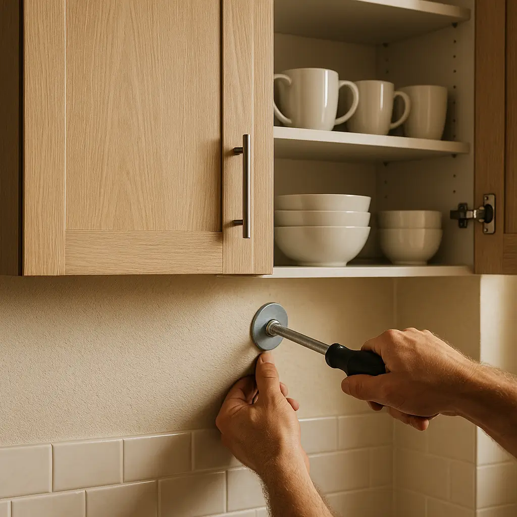 Armário aéreo quanto peso aguenta: como fixar com segurança; mãos apertando parafuso com arruela na parede sob armário com louças