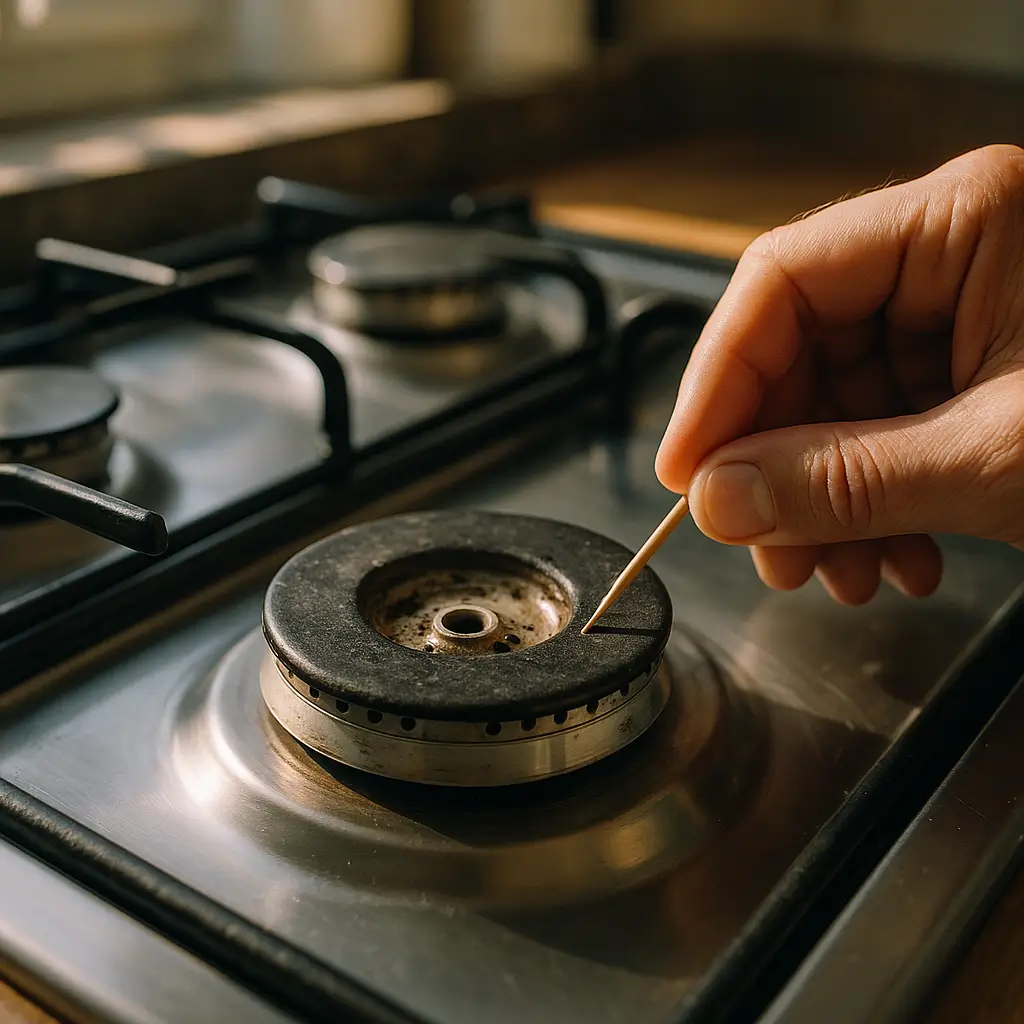 Boca do fogão entupida: como limpar o injetor com palito nos orifícios do queimador